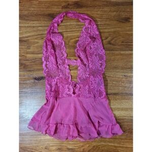 FREDERICK'S OF HOLLYWOOD Pink Vintage Lace Thong Panty Halter Teddy Bodysuit Lg